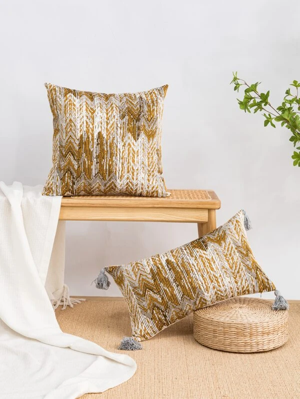 หมอนอิง ไม่มีฟิลเลอร์ ซิกแซก ตกแต่ง พู่ 1 ชิ้น a-97