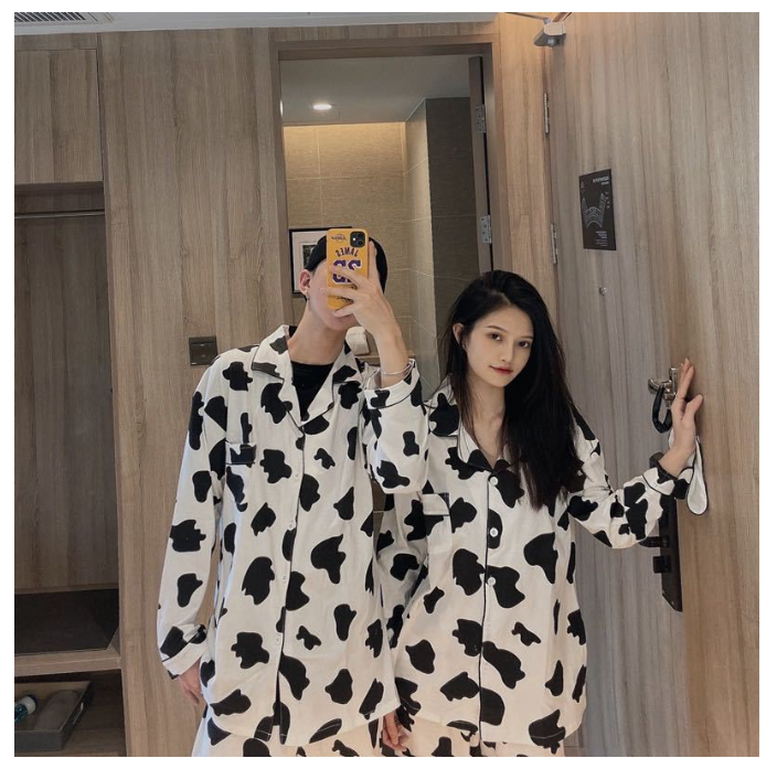 MA72>ชุดนอนแขนยาว ลายวัวน่ารัก สไตล์ญี่ปุ่น สําหรับผู้หญิง และผู้ชาย