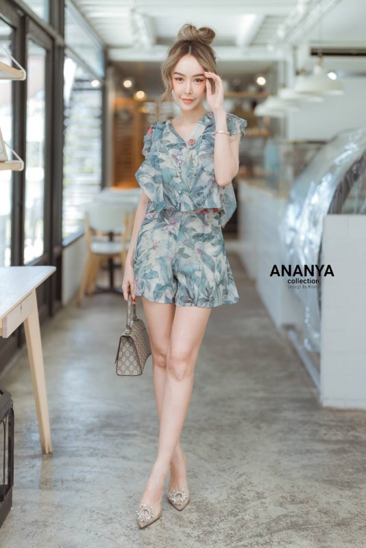 set ชีฟอง กระดุมปั้มตามลายงานชนป้าย  ส-74