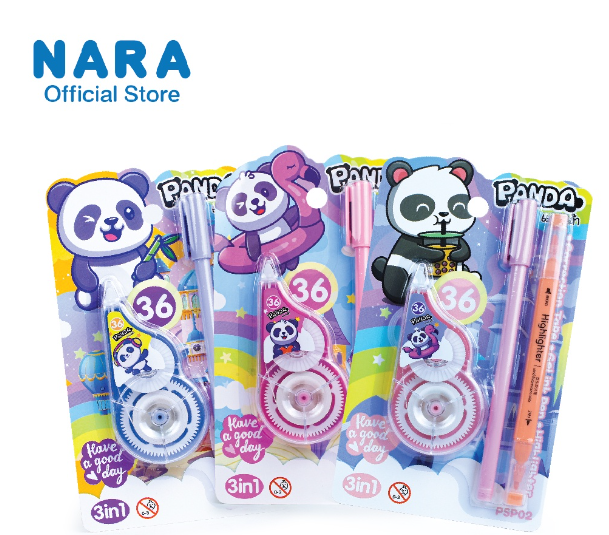TOY90-PANDA แพ็คเครื่องเขียนต้อนรับเปิดเทอม 3 in 1 (ปากกาน้ำเงิน + เทปลบคำผิด + ปากกาไฮไลท์) *เลือกสีปากกาไฮไลท์*