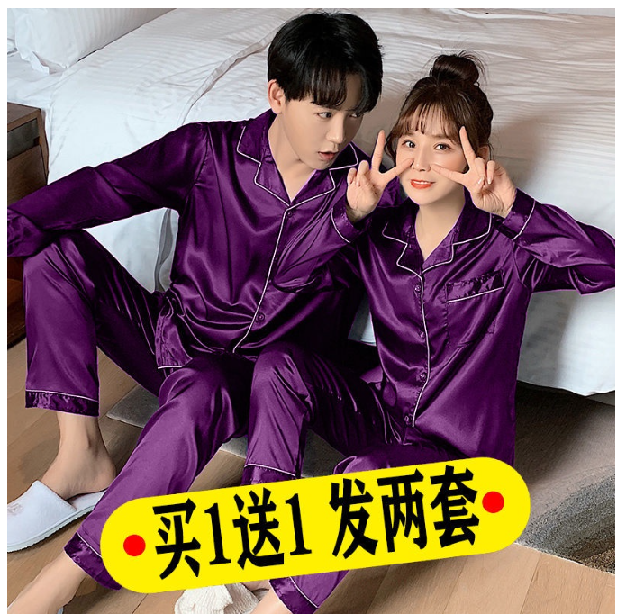 MA69>ชุดนอนผู้ชาย✙[ซื้อหนึ่งแถมหนึ่ง] ชุดนอนคู่ขนาดบวกฤดูใบไม้ผลิและฤดูใบไม้ร่วงแขนยาวผ้าไหมน้ำแข็งบางผู้ชายและผู้หญิง