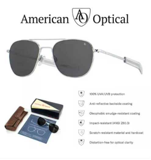 (ว#050) Original American Opitcal Glasses (AO) Handcrafted eyewear worn by pilots. MADE IN USA. Gray Lens - Silver Frame