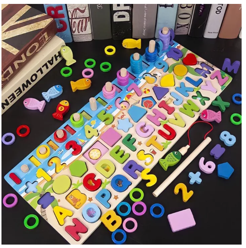 N98-กระดานพัฒนาไม้มัลติฟังก์ชั่นสี่ในหนึ่งเดียวสำหรับเด็ก ชุดตัวอักษรคันเบ็ดสำหรับนับ