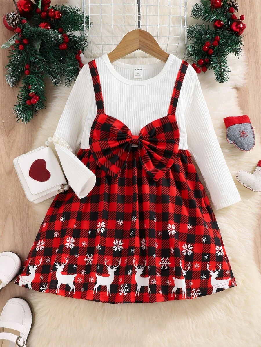 เดรส เด็กเล็กผู้หญิง ลายคริสต์มาส และ ลายกิงแฮม แต่งโบว์หน้า 2 in 1 a-11