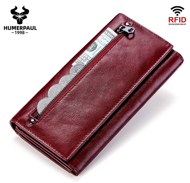 HU20-HUMERPAUL ของแท้ 100% หนังผู้หญิงกระเป๋าสตางค์เหรียญยาวกระเป๋าคลัทช์กระเป๋า Lady PORTFOLIO Portomonee สีแดง Handy Pocket