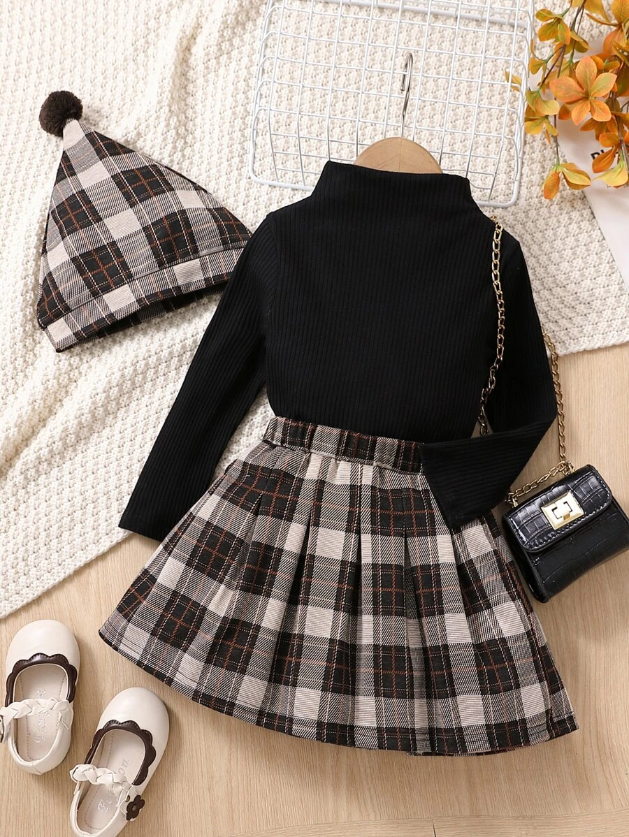 เด็กผู้หญิง คอตั้งทรงสูง เสื้อยืด & ลายสก็อต กระโปรงจีบ & หมวก a-45