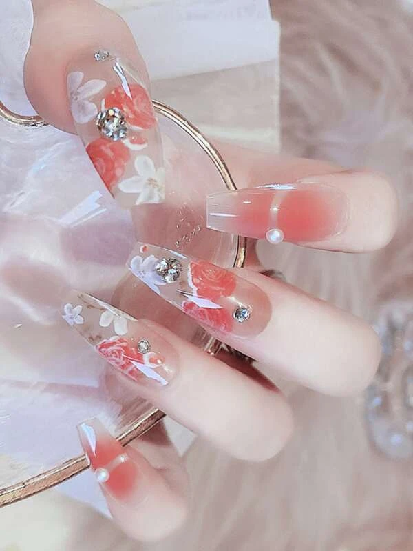 24 ชิ้น ยาว คอฟฟิน 3D ตกแต่ง พลอยเทียม เล็บปลอม & เทปกาว 1 แผ่น & ตะไบเล็บ 1 ชิ้น c-84